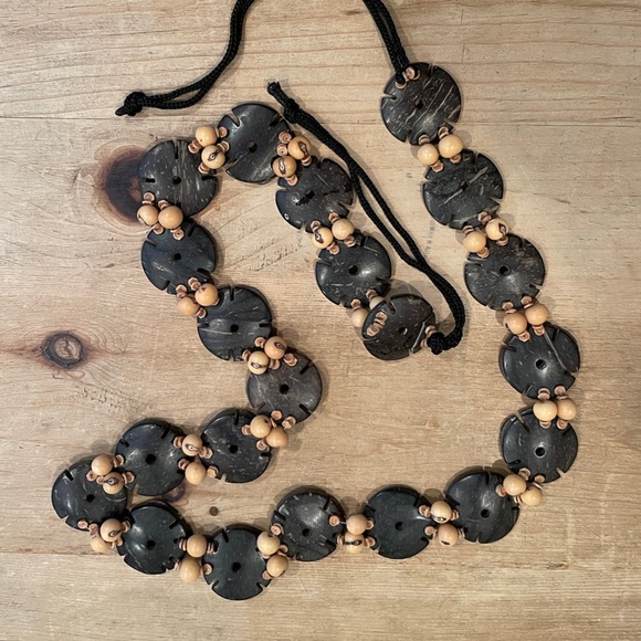 Women’s brown wood beaded tie belt Bohemian Beach festival coachella L/XL - Picture 3 of 5